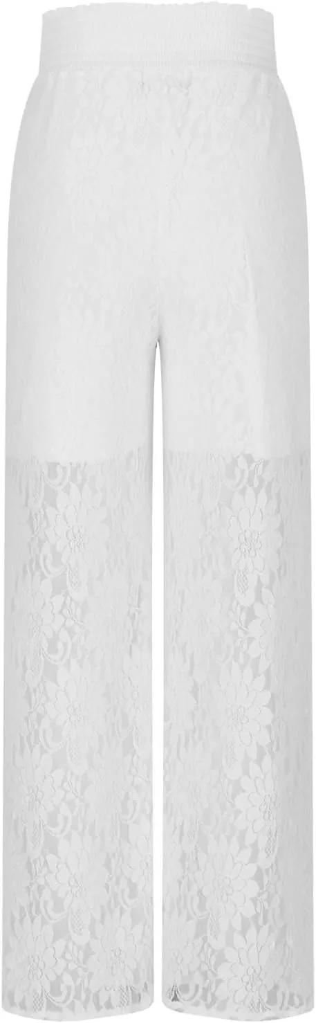 Floral Lace Sheer Mesh Pants for Women Casual Sexy Elastic High Waist See Through Trouser Wide Leg Club Bottoms