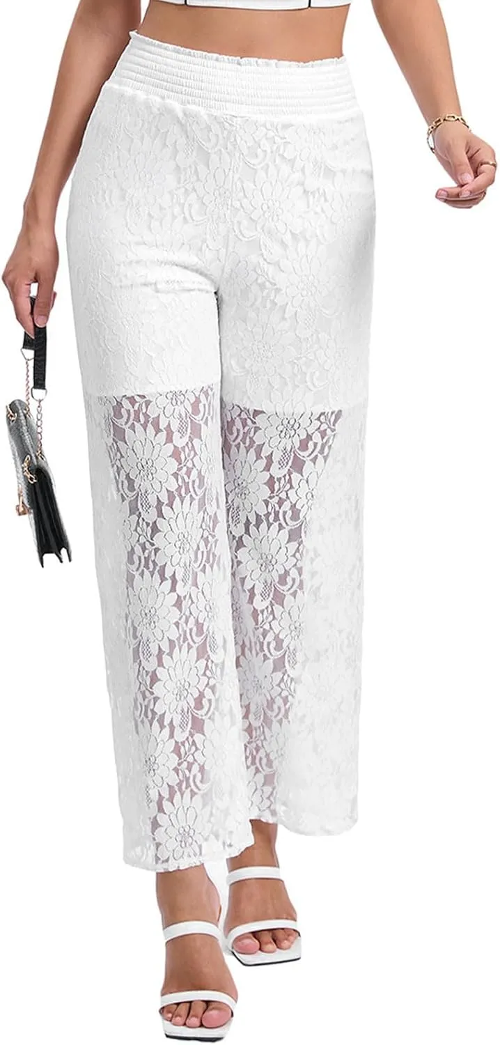 Floral Lace Sheer Mesh Pants for Women Casual Sexy Elastic High Waist See Through Trouser Wide Leg Club Bottoms