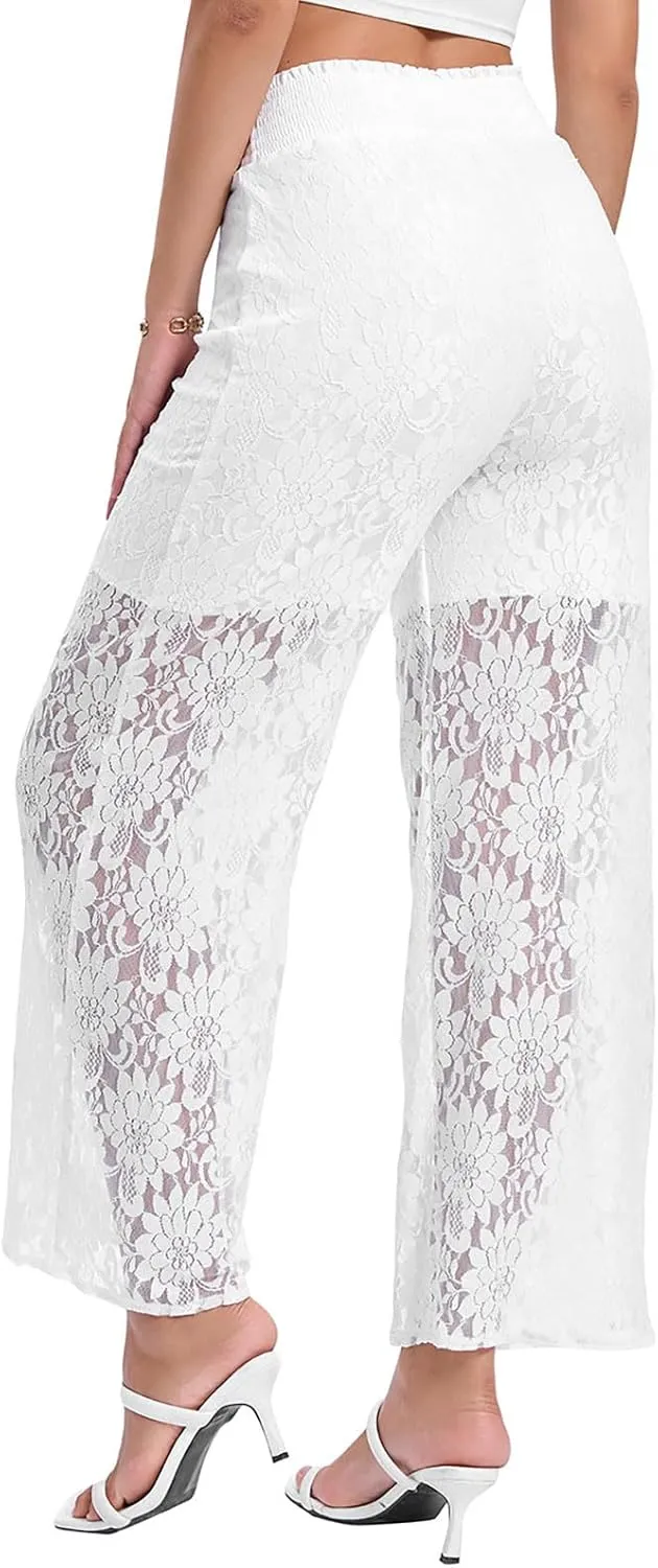 Floral Lace Sheer Mesh Pants for Women Casual Sexy Elastic High Waist See Through Trouser Wide Leg Club Bottoms