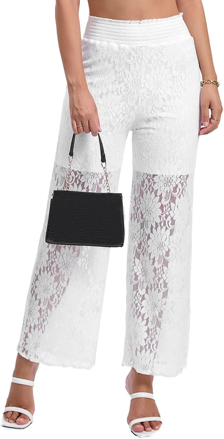 Floral Lace Sheer Mesh Pants for Women Casual Sexy Elastic High Waist See Through Trouser Wide Leg Club Bottoms