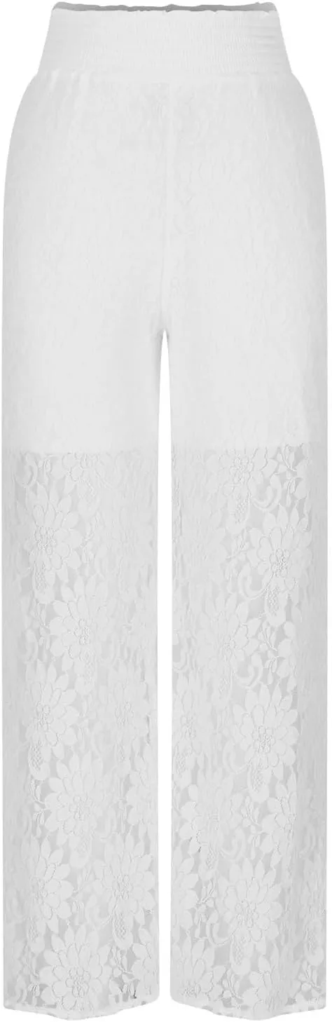 Floral Lace Sheer Mesh Pants for Women Casual Sexy Elastic High Waist See Through Trouser Wide Leg Club Bottoms