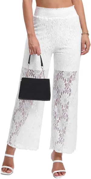 Floral Lace Sheer Mesh Pants for Women Casual Sexy Elastic High Waist See Through Trouser Wide Leg Club Bottoms