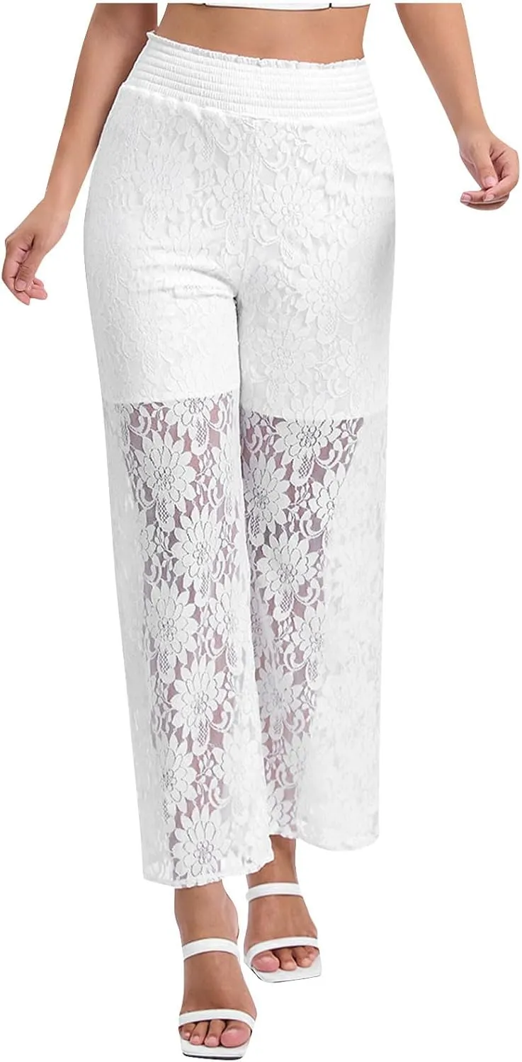 Floral Lace Sheer Mesh Pants for Women Casual Sexy Elastic High Waist See Through Trouser Wide Leg Club Bottoms