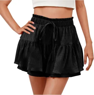 Flowy Shorts for Women Casual Boho Ruffle Tiered Skorts High Waisted Drawstring Mini Skirts Tennis Comfy Shorts 2025