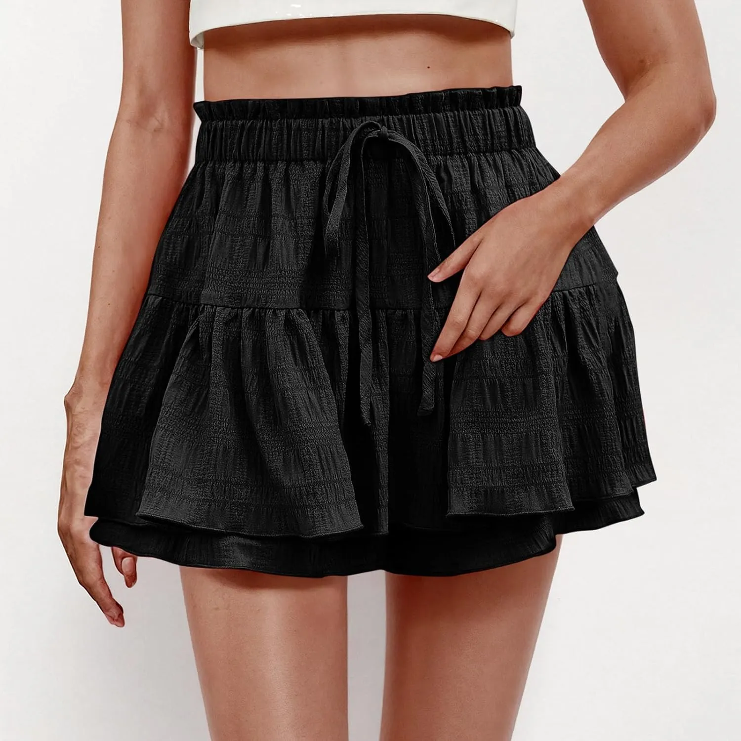 Flowy Shorts for Women Casual Boho Ruffle Tiered Skorts High Waisted Drawstring Mini Skirts Tennis Comfy Shorts 2025