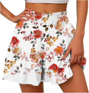 Flowy Shorts for Women Summer Boho Floral Print Ruffle Mini Skirts Comfy Baggy High Waisted Tennis Running Shorts