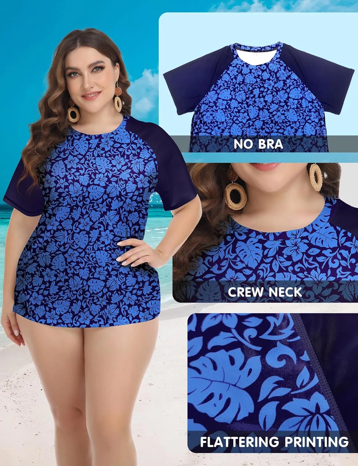 FOREYOND Plus Size Rash Guard Shirts for Women Short Sleeve UPF 50  Sun Protection Swimwear Swim Suits Top