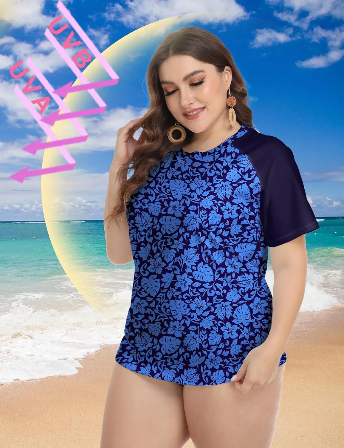 FOREYOND Plus Size Rash Guard Shirts for Women Short Sleeve UPF 50  Sun Protection Swimwear Swim Suits Top