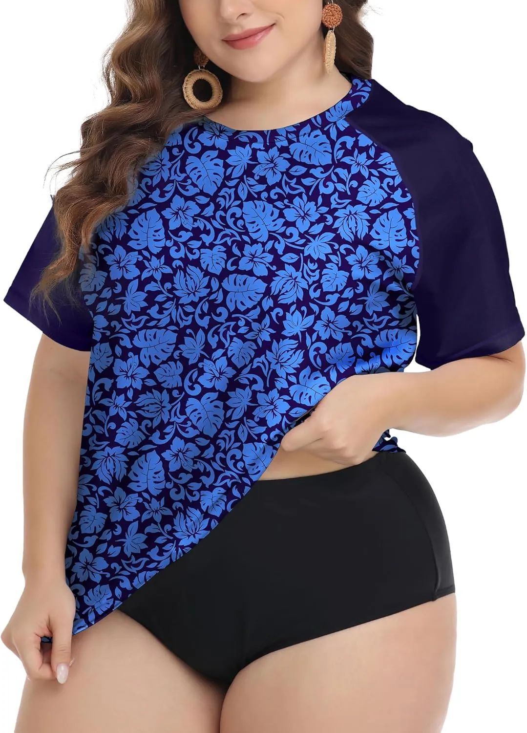 FOREYOND Plus Size Rash Guard Shirts for Women Short Sleeve UPF 50  Sun Protection Swimwear Swim Suits Top