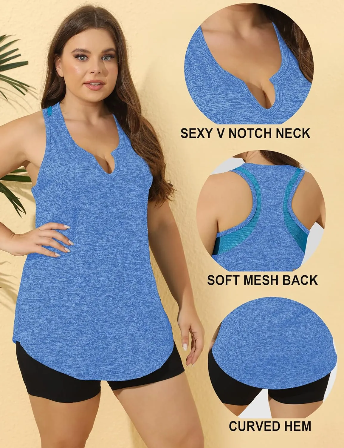 FOREYOND Women' s Plus Size Workout Tank Tops Loose Fit Athletic Sleeveless Tops V Neck Racerback Yoga Gym Summer Shirts