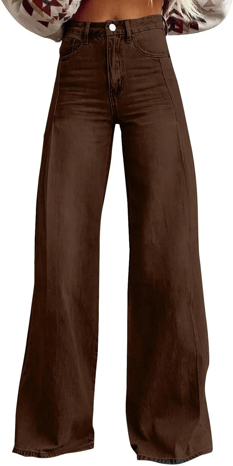 FQZWONG Wide Leg Jeans Woman Plus Size High Waisted Straight Palazzo Pants Loose Casual Solid Tummy Control Denim Sweatpants