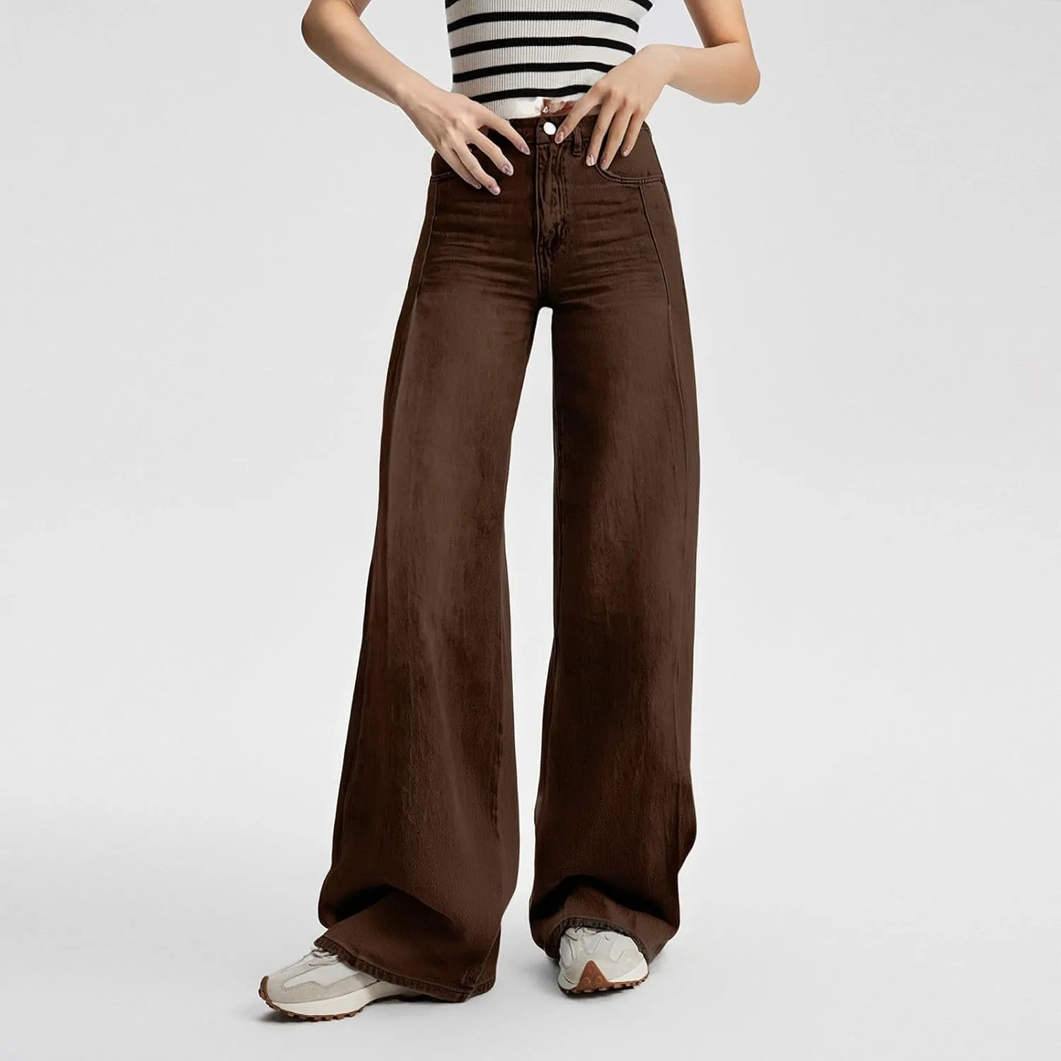 FQZWONG Wide Leg Jeans Woman Plus Size High Waisted Straight Palazzo Pants Loose Casual Solid Tummy Control Denim Sweatpants