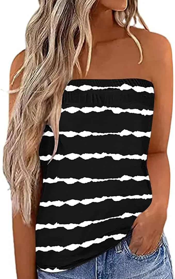 Fronage Womens Tube Tops Strapless Striped Tanks Backless Sexy Casual Bandeau Sleeveless Shirts