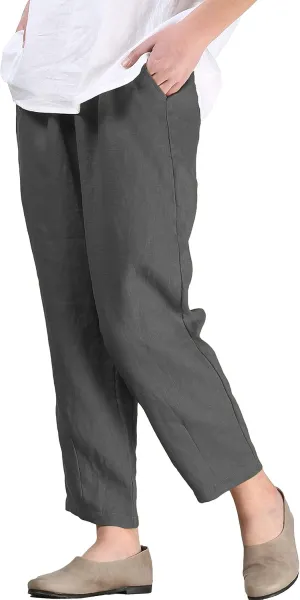FTCayanz Women's Linen Harm Pants Summer Casual Cropped Pant Work Ankle Trousers with Pockets