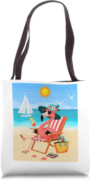Funny Flamingo On Beach Chair Tropical Summer Vacation Scene Tote Bag