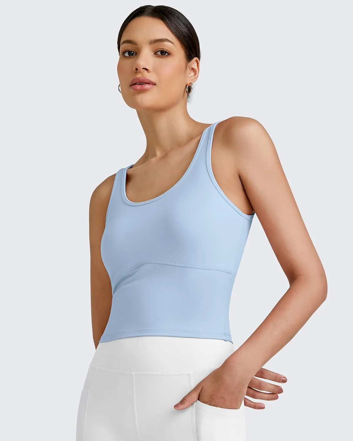 G4Free BareFeel Built in Bra Workout Tank Tops Removable Padded Longline Sports Bras Waist Length Athletic Tanks