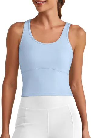 G4Free BareFeel Built in Bra Workout Tank Tops Removable Padded Longline Sports Bras Waist Length Athletic Tanks