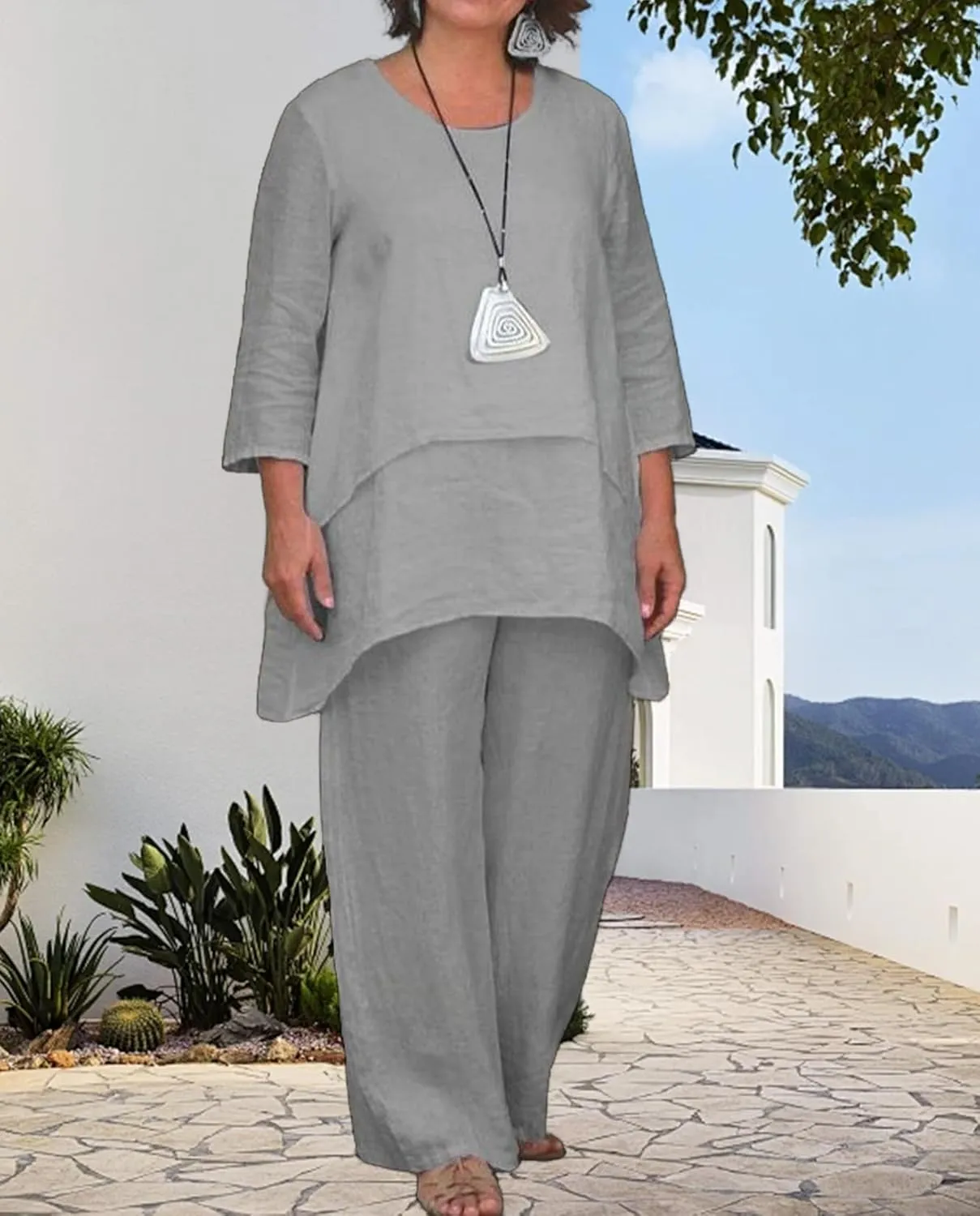 Geleglaer Linen Set for Women Cotton Pant Suit Flowy Wide Leg Dressy Pants Sets Casual 2 Piece Outfits Pantsuit 2024 Summer