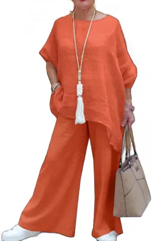 Geleglaer Linen Set for Women Cotton Pant Suit Flowy Wide Leg Dressy Pants Sets Casual 2 Piece Outfits Pantsuit 2024 Summer