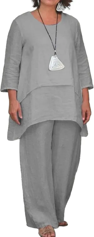 Geleglaer Linen Set for Women Cotton Pant Suit Flowy Wide Leg Dressy Pants Sets Casual 2 Piece Outfits Pantsuit 2024 Summer