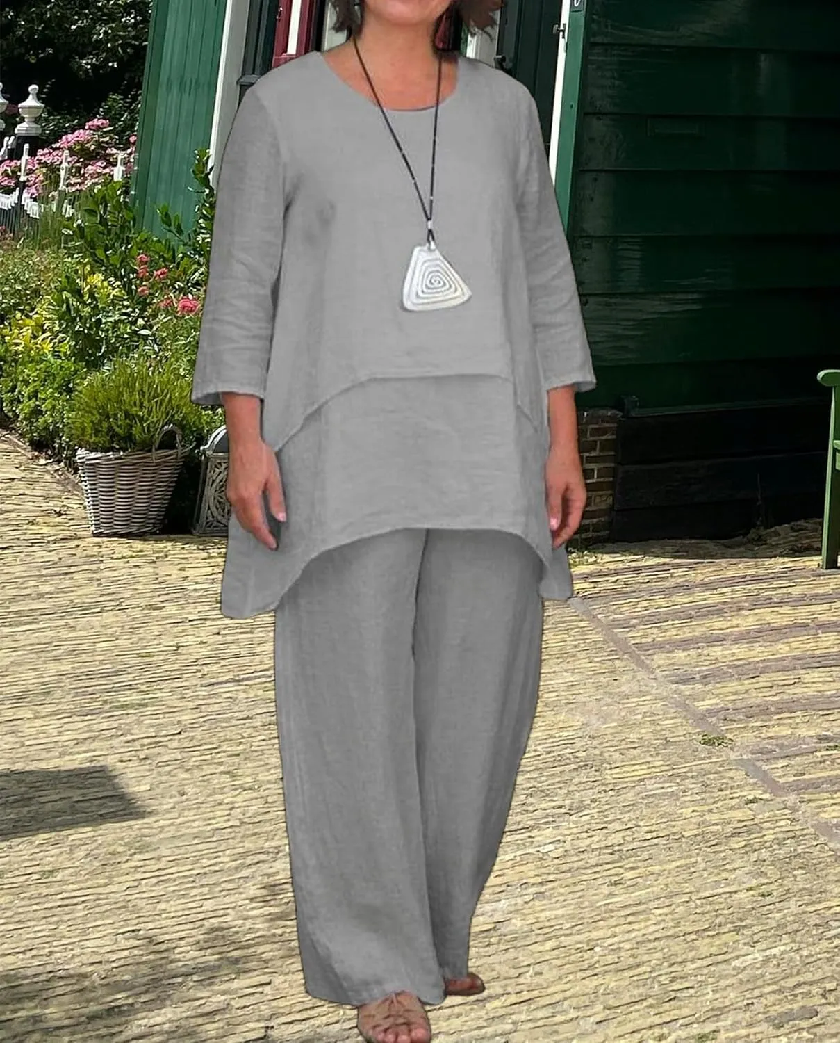 Geleglaer Linen Set for Women Cotton Pant Suit Flowy Wide Leg Dressy Pants Sets Casual 2 Piece Outfits Pantsuit 2024 Summer