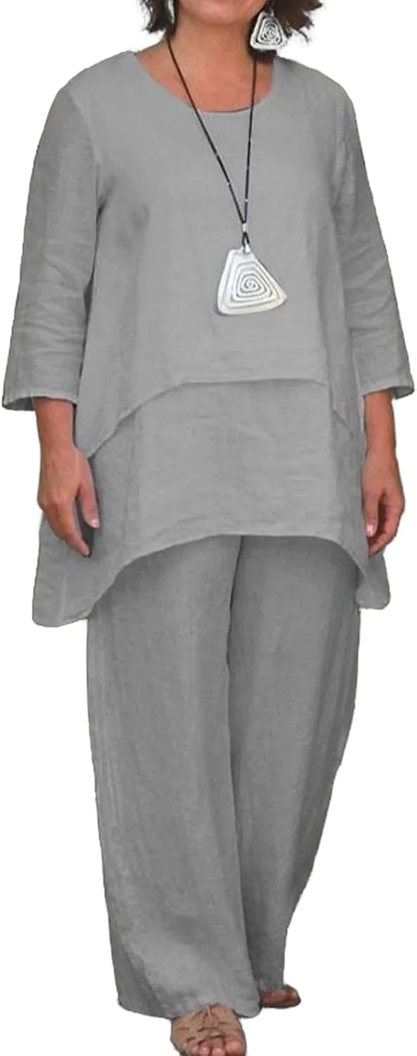 Geleglaer Linen Set for Women Cotton Pant Suit Flowy Wide Leg Dressy Pants Sets Casual 2 Piece Outfits Pantsuit 2024 Summer