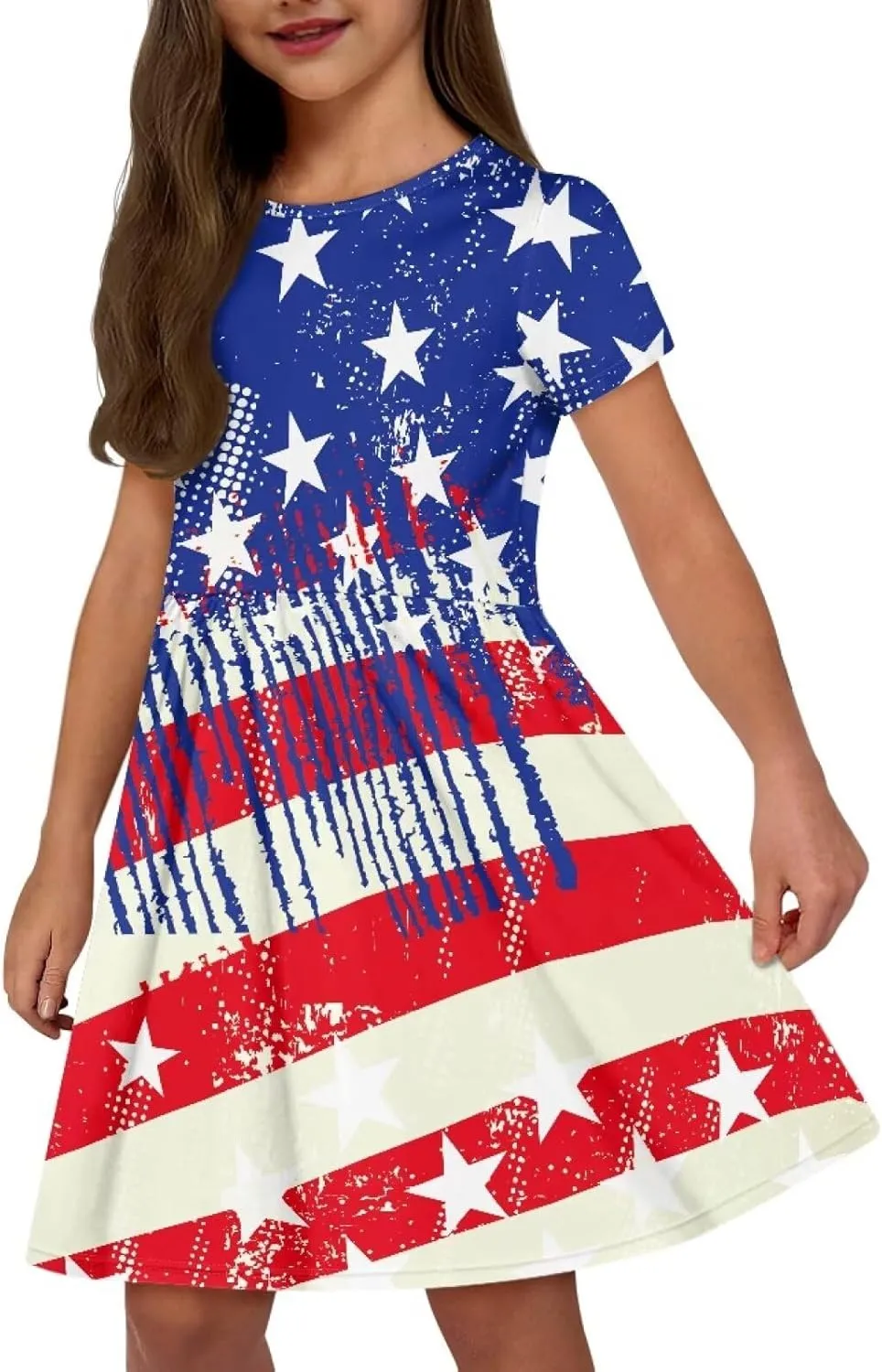 Girls Dresses Size 2-14 Kids Summer Short Sleeve Beach Dresses Casual Midi Dress Crewneck A Line