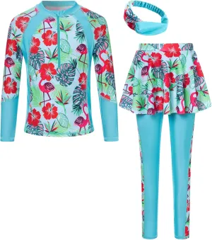 Girls Long Sleeve Rashguard Half Zip Swimsuits UPF 50  Two Piece Swim Sets with Hairband 5-12Y
