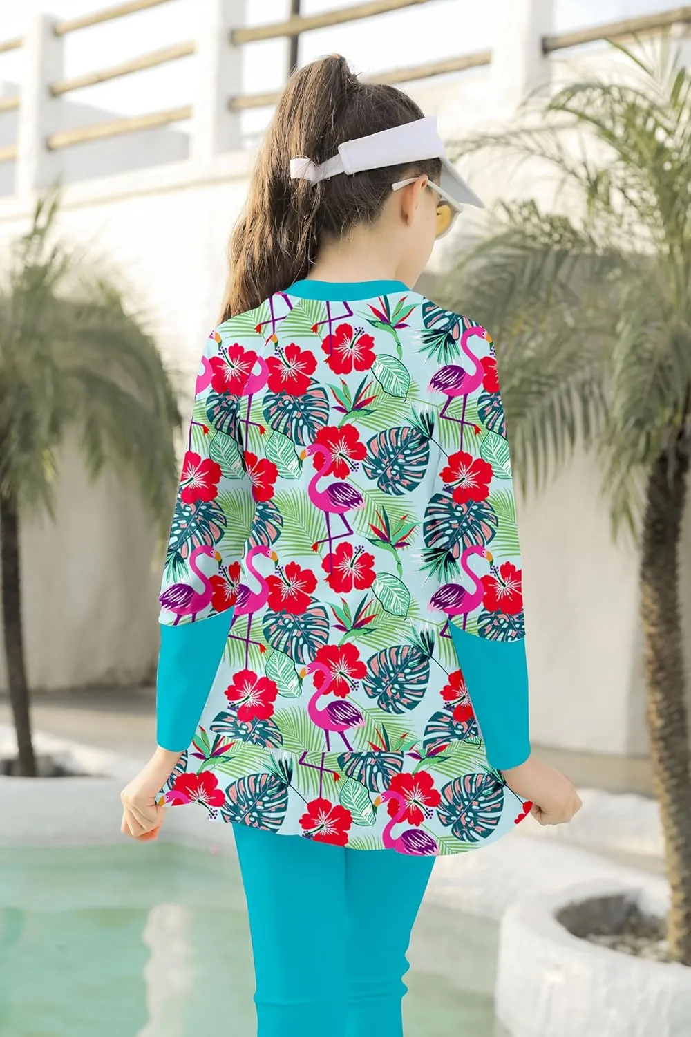 Girls Long Sleeve Rashguard Half Zip Swimsuits UPF 50  Two Piece Swim Sets with Hairband 5-12Y
