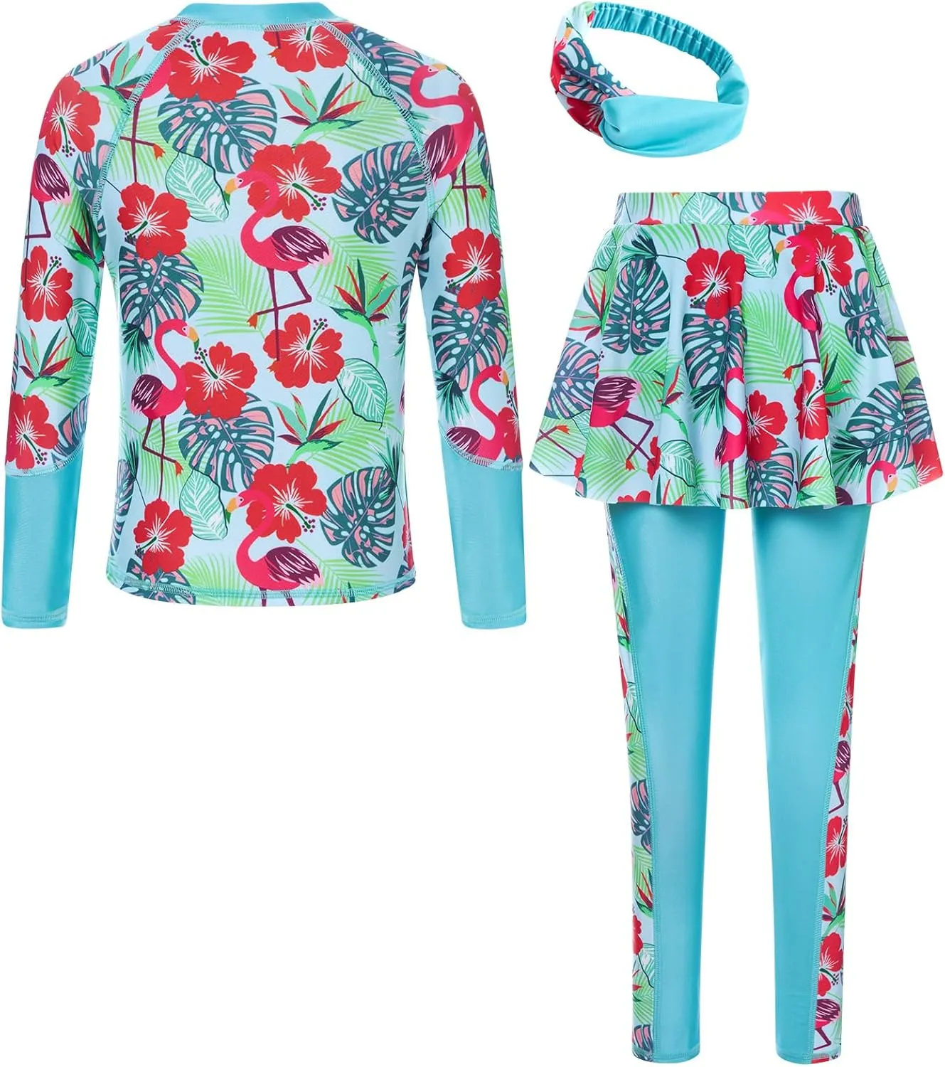 Girls Long Sleeve Rashguard Half Zip Swimsuits UPF 50  Two Piece Swim Sets with Hairband 5-12Y