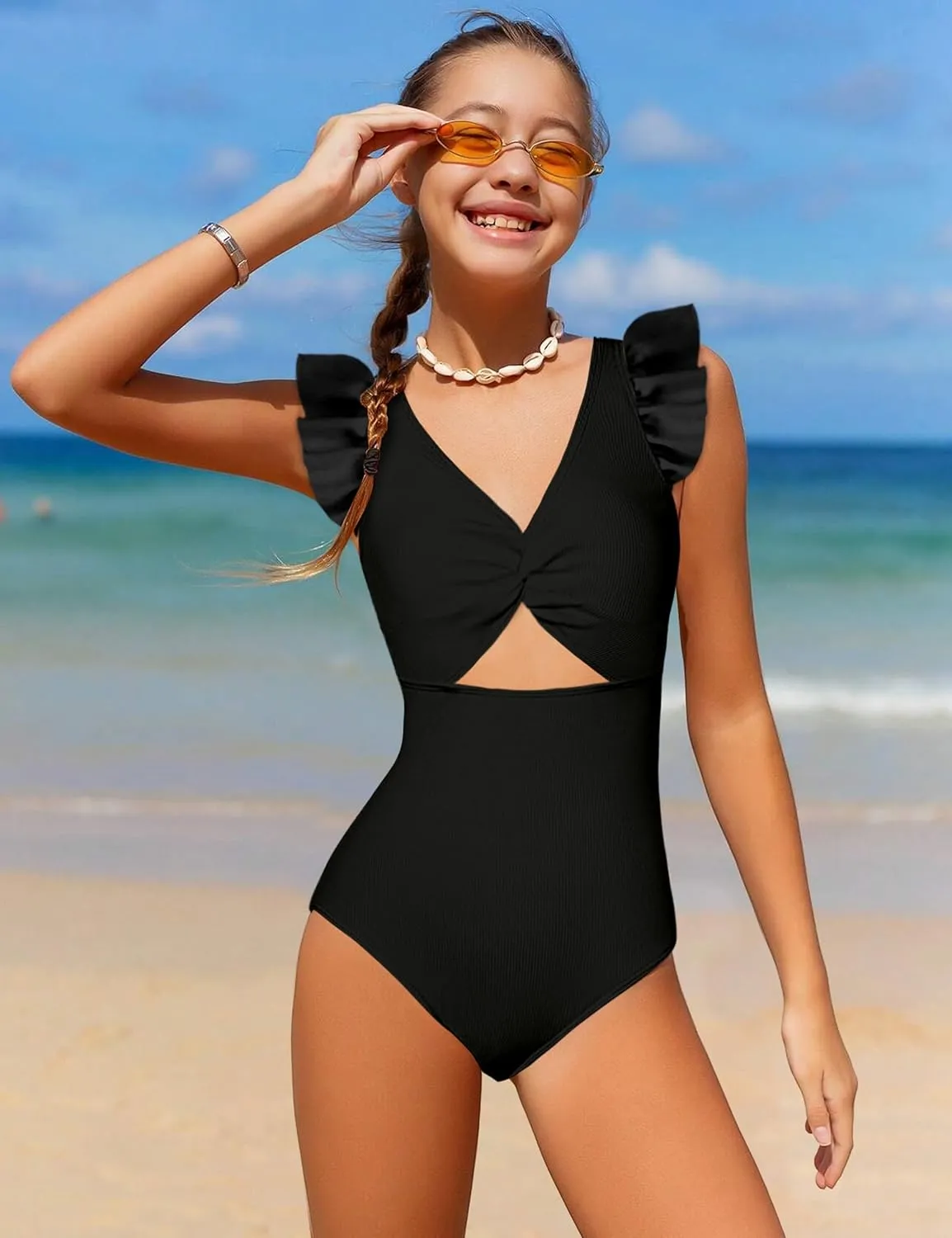 Girls One Piece Swimsuit Cut Out Ruffle Bathing Suit Twist V Neck Swimwear Solid Color with Cover Up Skirt 7-18T