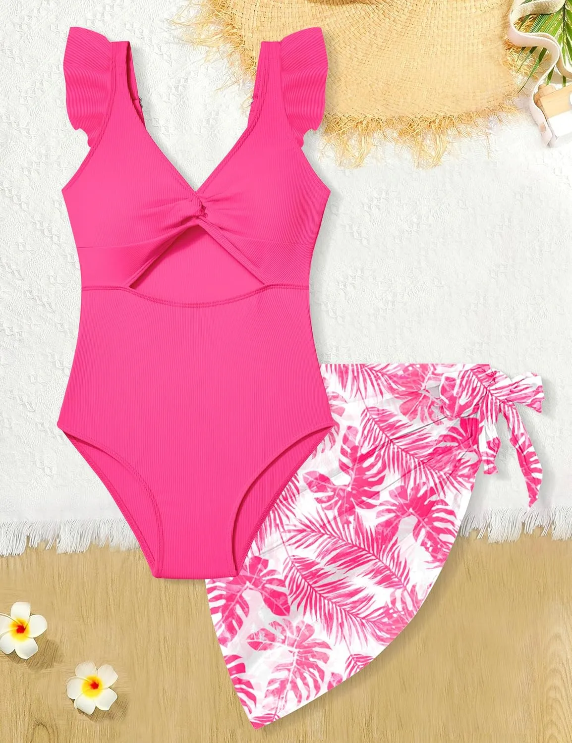 Girls One Piece Swimsuit Cut Out Ruffle Bathing Suit Twist V Neck Swimwear Solid Color with Cover Up Skirt 7-18T