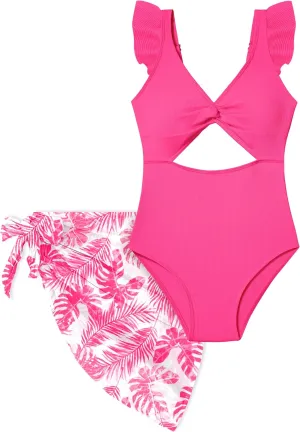 Girls One Piece Swimsuit Cut Out Ruffle Bathing Suit Twist V Neck Swimwear Solid Color with Cover Up Skirt 7-18T