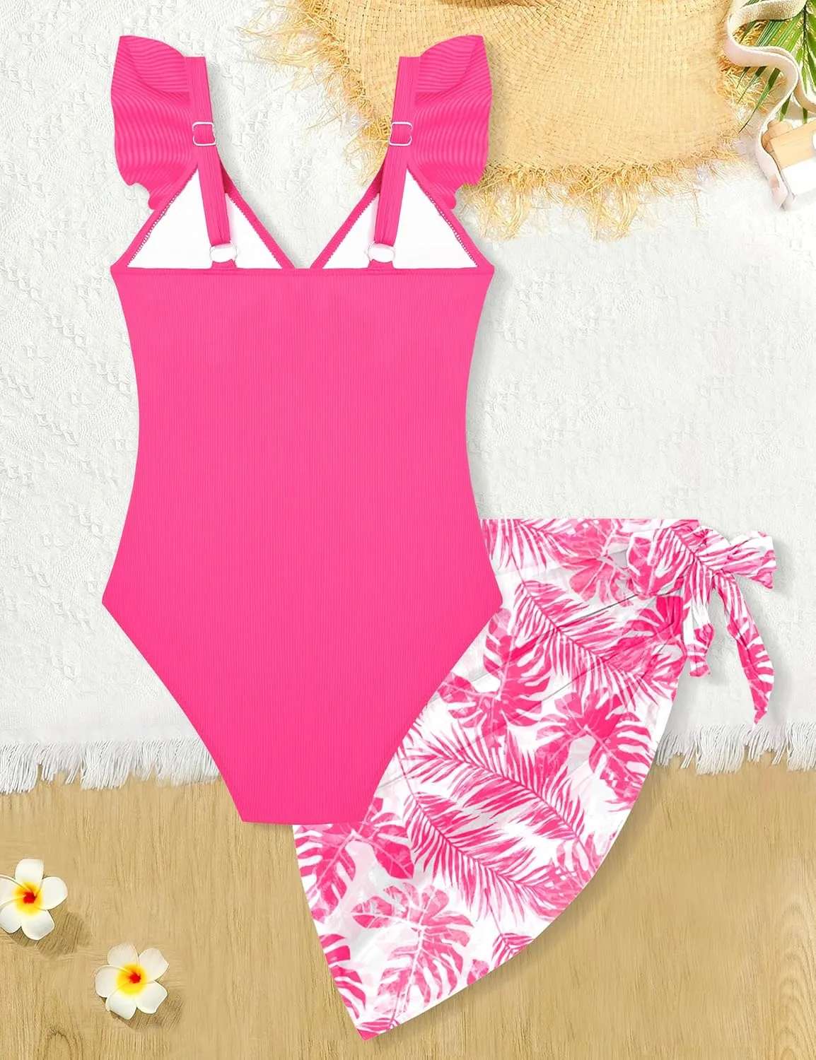 Girls One Piece Swimsuit Cut Out Ruffle Bathing Suit Twist V Neck Swimwear Solid Color with Cover Up Skirt 7-18T