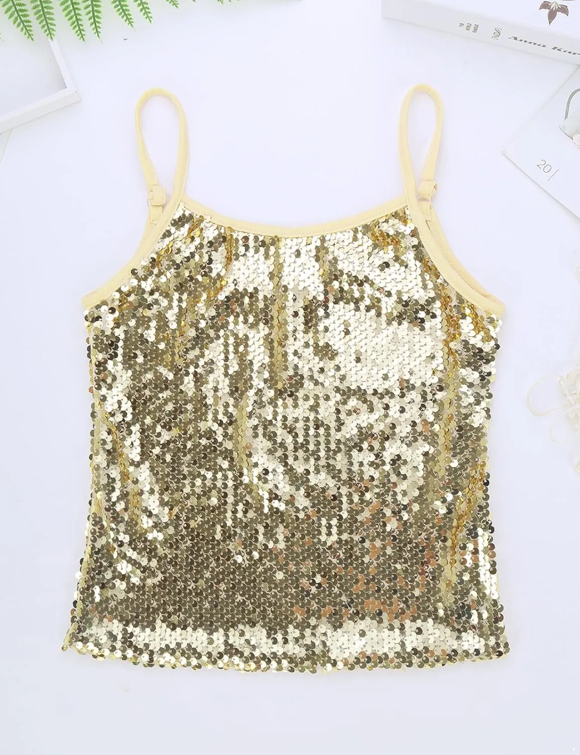Girls Shiny Sequins Spaghetti Straps Tank Top Camisole Latin Jazz Hi Hop Dance Stage Performance Costume