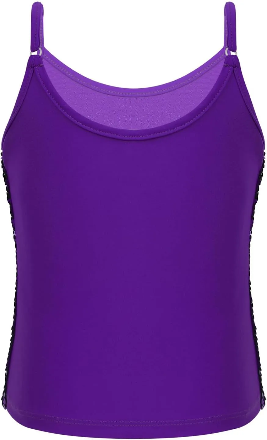 Girls Shiny Sequins Spaghetti Straps Tank Top Camisole Latin Jazz Hi Hop Dance Stage Performance Costume