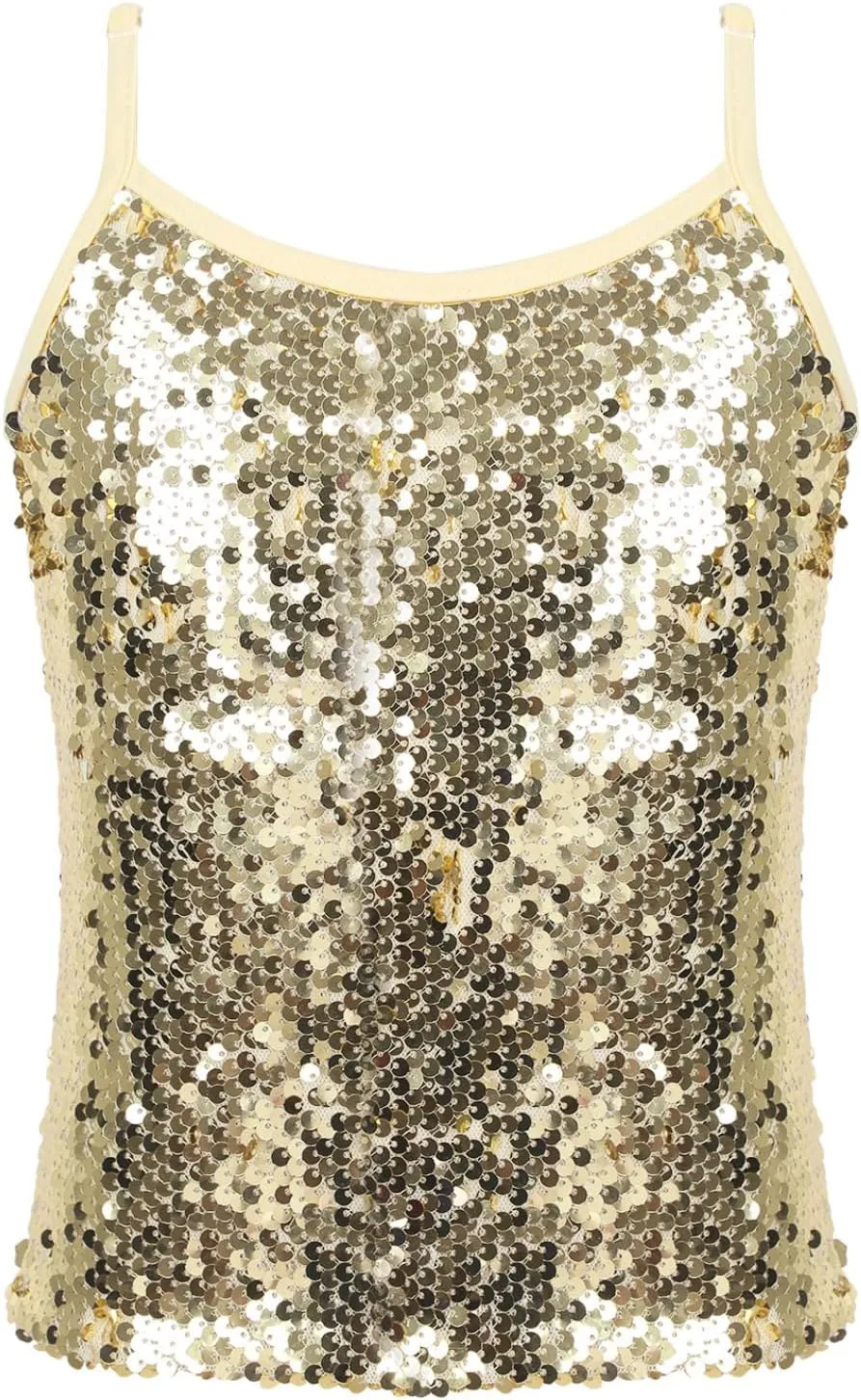 Girls Shiny Sequins Spaghetti Straps Tank Top Camisole Latin Jazz Hi Hop Dance Stage Performance Costume