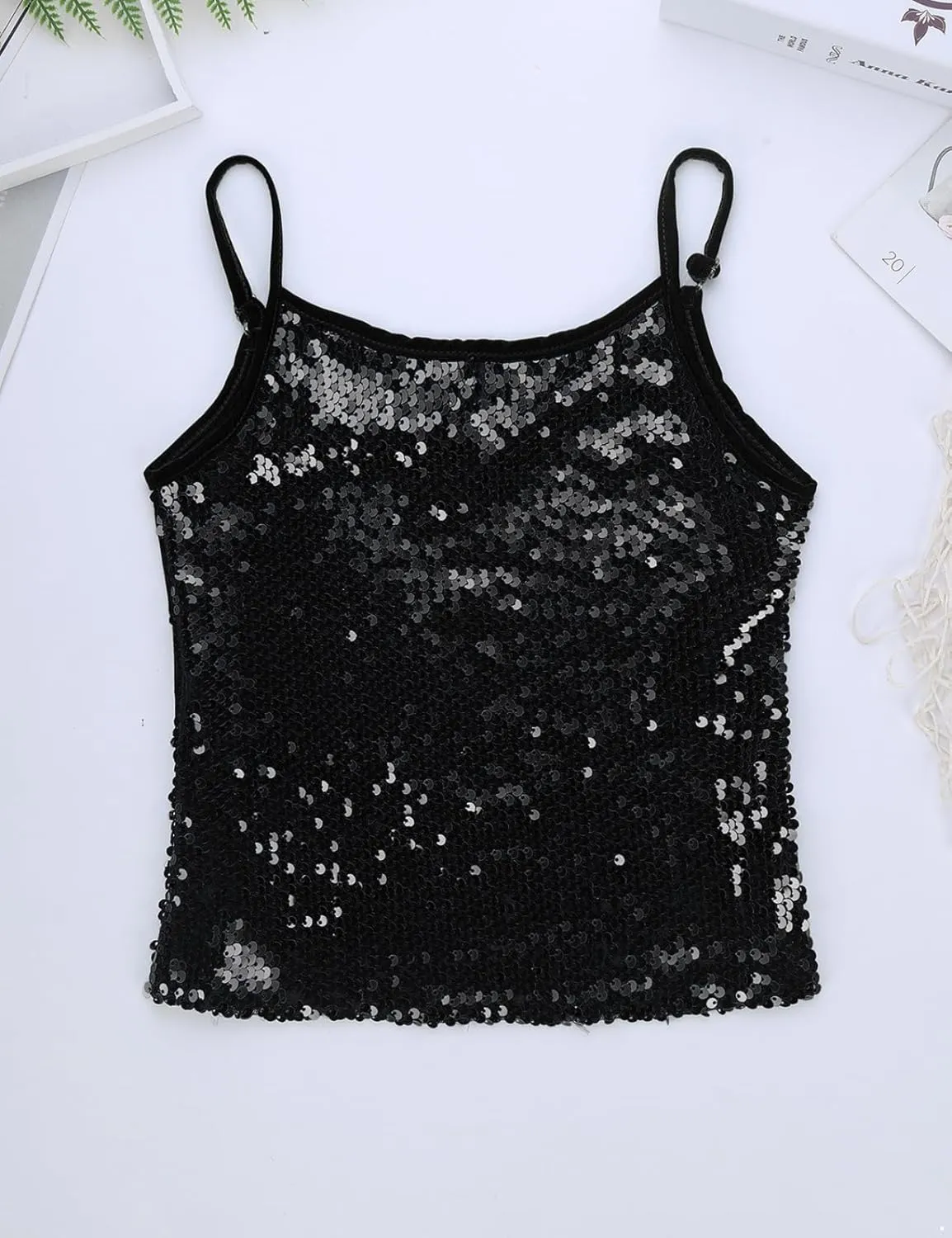 Girls Shiny Sequins Spaghetti Straps Tank Top Camisole Latin Jazz Hi Hop Dance Stage Performance Costume