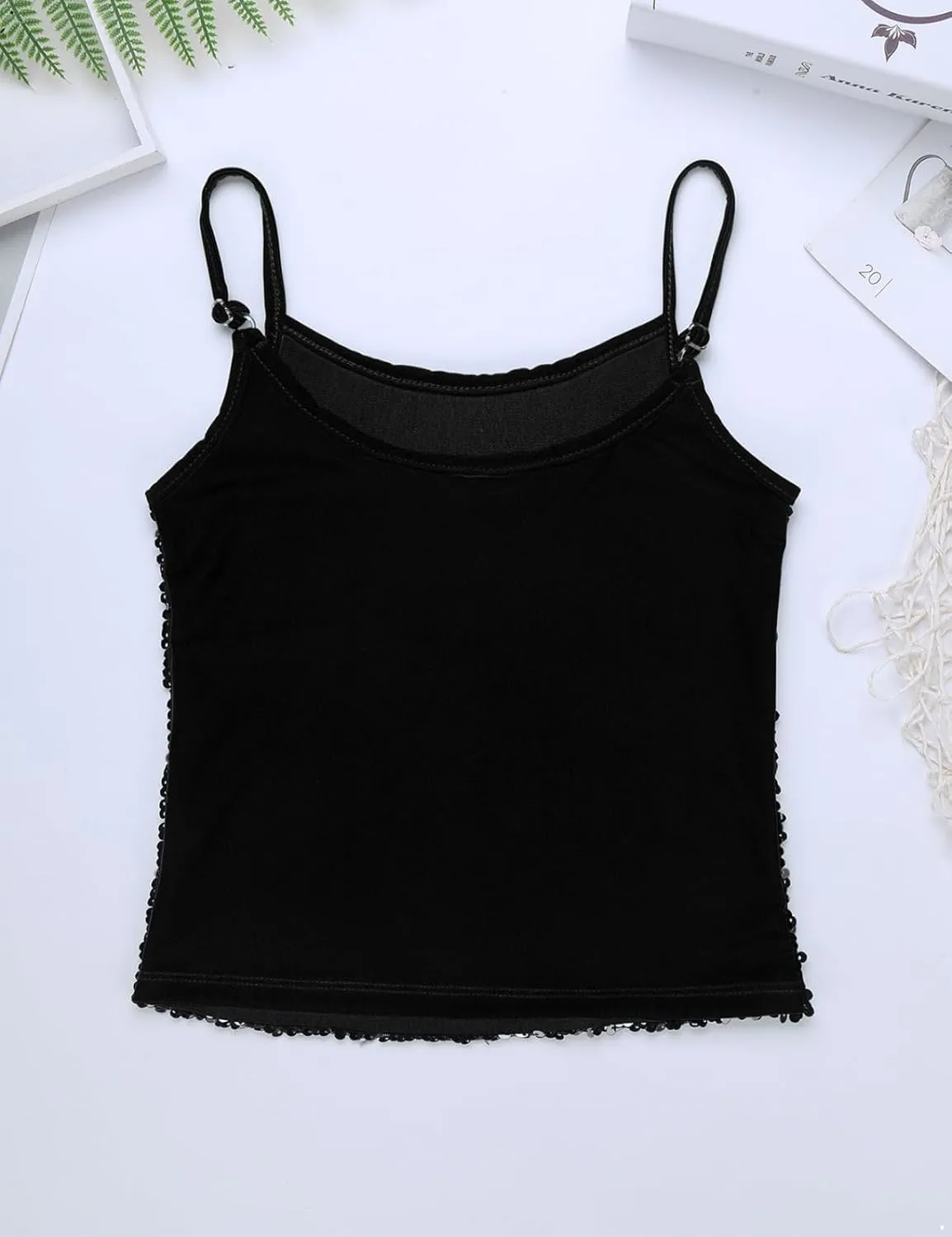 Girls Shiny Sequins Spaghetti Straps Tank Top Camisole Latin Jazz Hi Hop Dance Stage Performance Costume