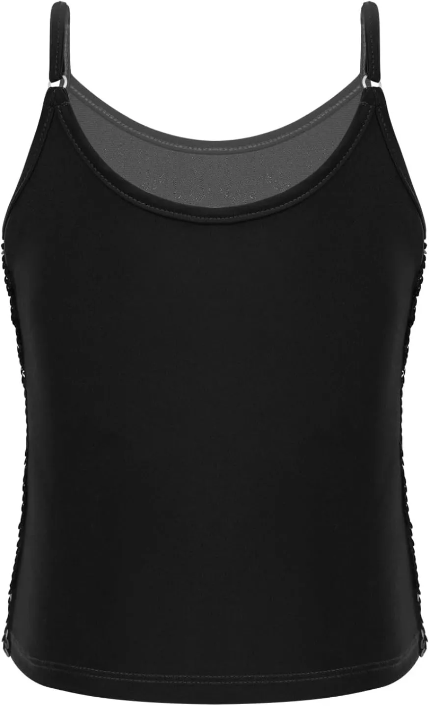 Girls Shiny Sequins Spaghetti Straps Tank Top Camisole Latin Jazz Hi Hop Dance Stage Performance Costume