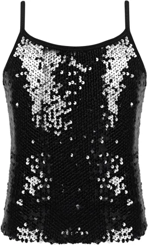 Girls Shiny Sequins Spaghetti Straps Tank Top Camisole Latin Jazz Hi Hop Dance Stage Performance Costume