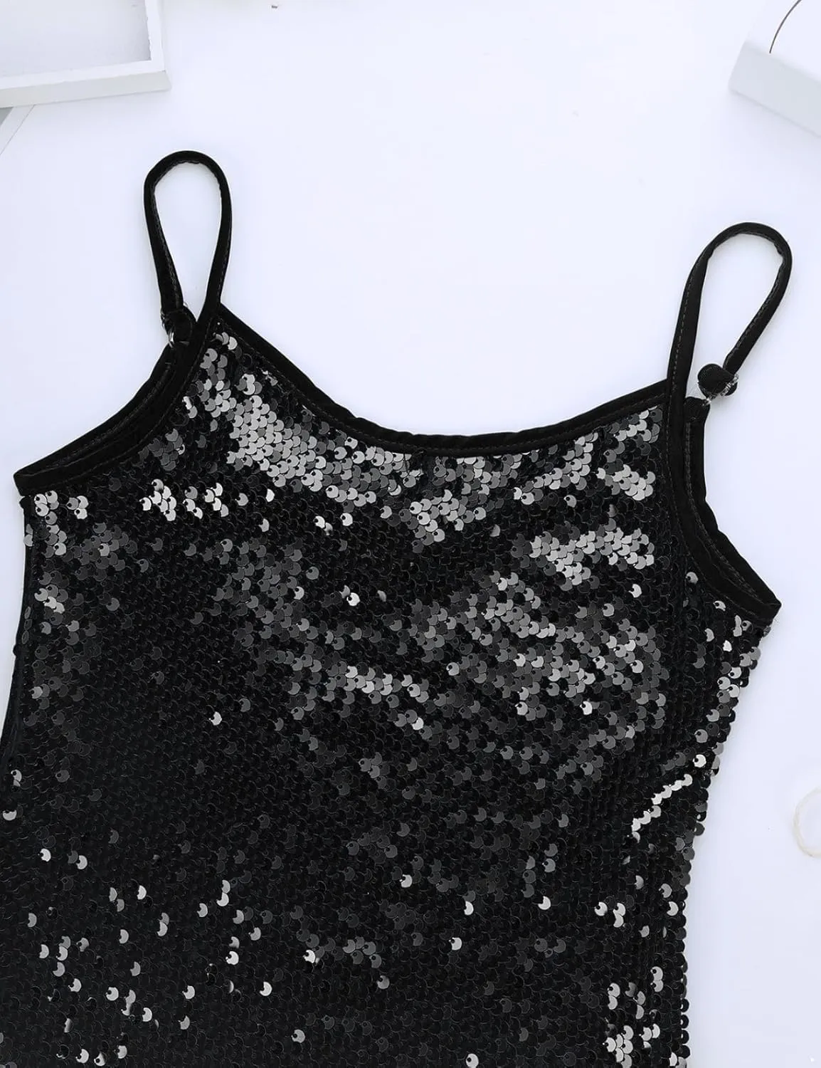 Girls Shiny Sequins Spaghetti Straps Tank Top Camisole Latin Jazz Hi Hop Dance Stage Performance Costume
