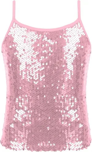 Girls Shiny Sequins Spaghetti Straps Tank Top Camisole Latin Jazz Hi Hop Dance Stage Performance Costume