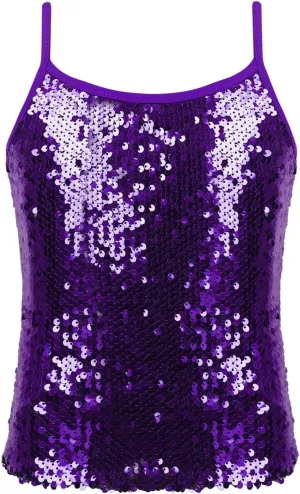 Girls Shiny Sequins Spaghetti Straps Tank Top Camisole Latin Jazz Hi Hop Dance Stage Performance Costume