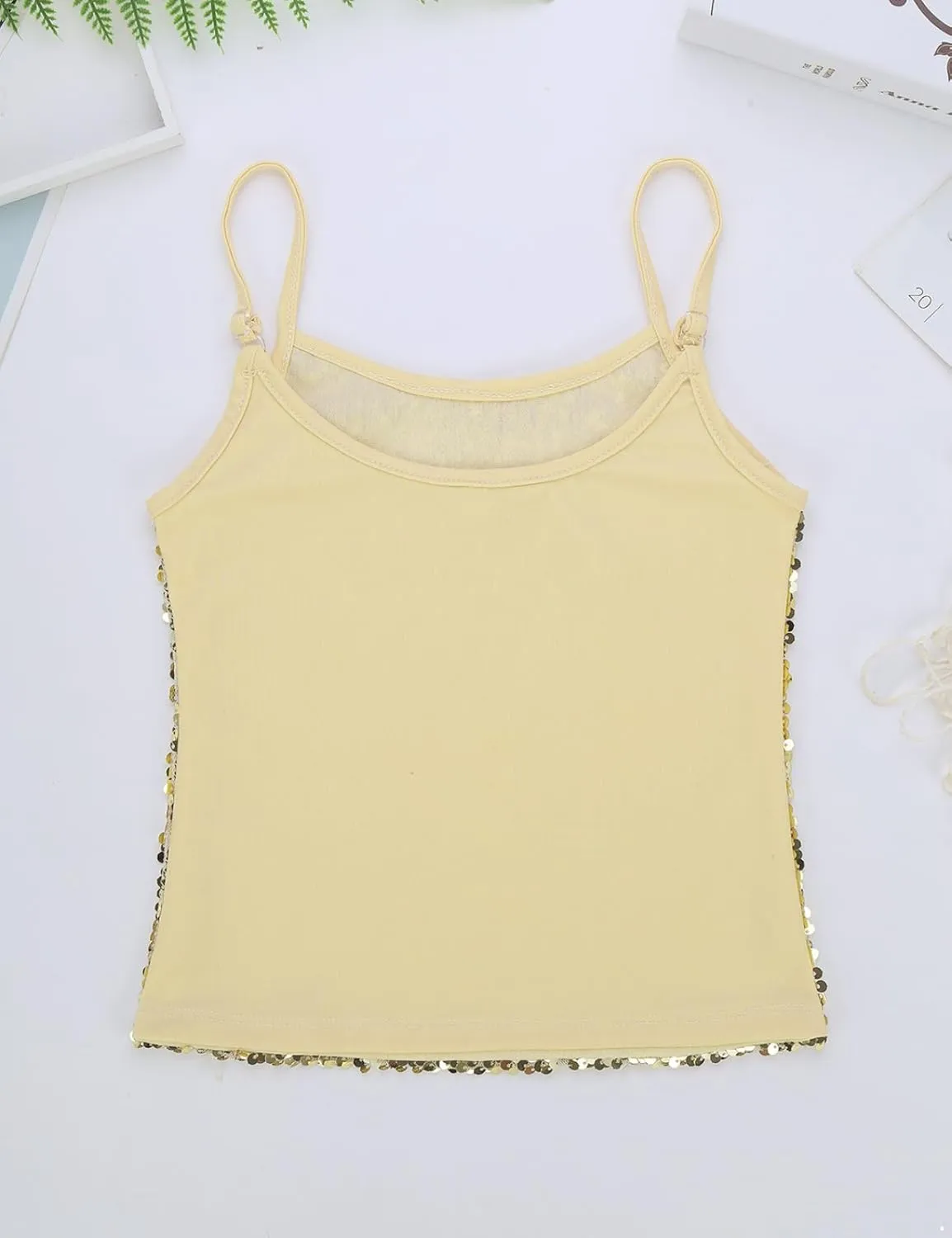 Girls Shiny Sequins Spaghetti Straps Tank Top Camisole Latin Jazz Hi Hop Dance Stage Performance Costume