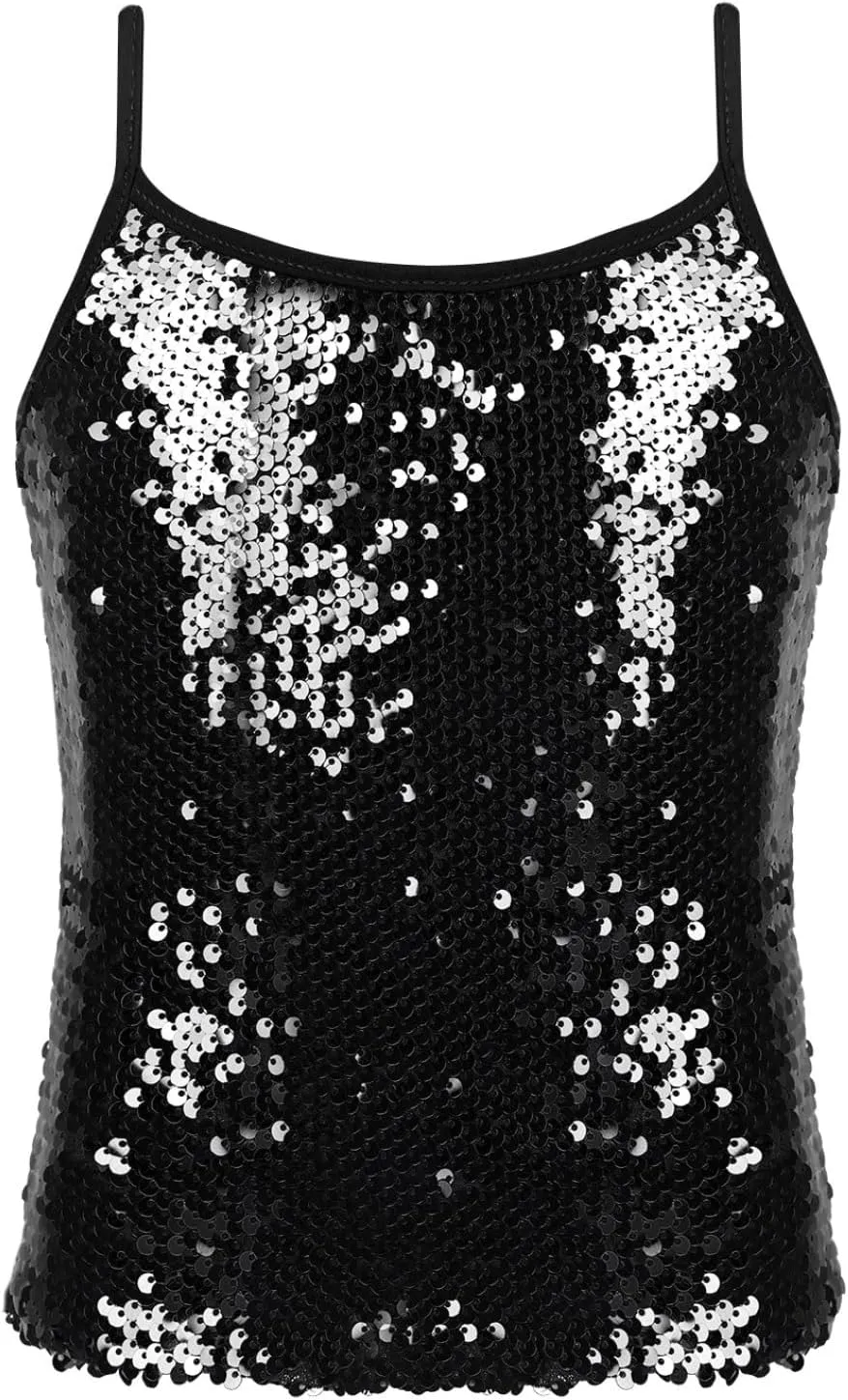 Girls Shiny Sequins Spaghetti Straps Tank Top Camisole Latin Jazz Hi Hop Dance Stage Performance Costume