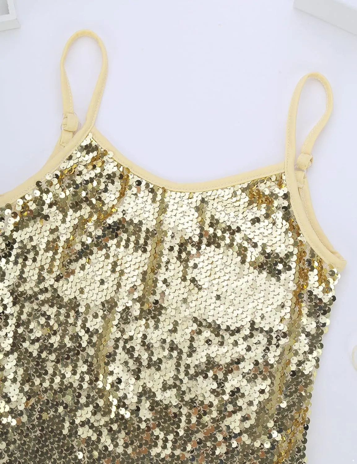 Girls Shiny Sequins Spaghetti Straps Tank Top Camisole Latin Jazz Hi Hop Dance Stage Performance Costume