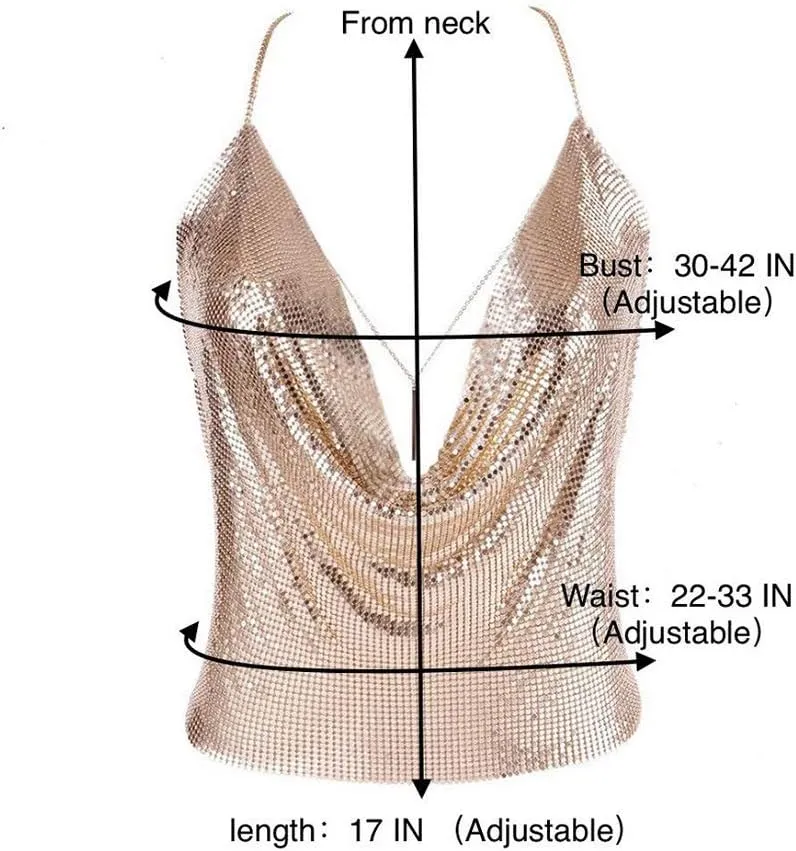 Gold Sexy Tops for Women Sparkly Deep V Neck Crop Tank Tops Cami Body Chain Top