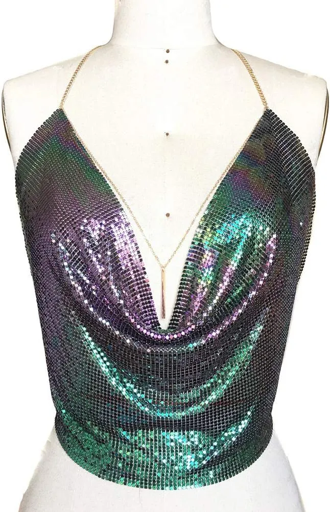 Gold Sexy Tops for Women Sparkly Deep V Neck Crop Tank Tops Cami Body Chain Top