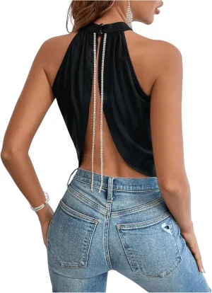 GORGLITTER Women's Rhinestone Open Back Halter Tops Sleeveless Wrap Crop Top Club Going Out Tops
